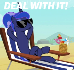 Size: 348x331 | Tagged: safe, edit, edited screencap, screencap, princess luna, alicorn, pony, between dark and dawn, g4, alternate hairstyle, bare hooves, beach, beach chair, caption, chair, cropped, crossed legs, deal with it, drink, eyelashes, eyes closed, eyeshadow, female, hair bun, hooves behind head, image macro, makeup, mare, meme, reclining, relaxing, sitting, smiling, solo, sunglasses, tail bun, text, we don't normally wear clothes