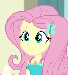 Size: 628x686 | Tagged: safe, screencap, fluttershy, equestria girls, equestria girls series, g4, holidays unwrapped, o come all ye squashful, spoiler:eqg series (season 2), cropped, cute, female, geode of fauna, hairpin, magical geodes, shyabetes, solo