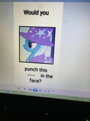 Size: 1280x1707 | Tagged: safe, artist:sugarbugjewelpet, trixie, pony, unicorn, g4, cape, caption, clothes, computer, female, hat, image macro, op is a duck, photo, picture of a screen, solo, text, trixie's cape, trixie's hat