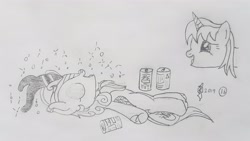 Size: 4032x2268 | Tagged: safe, artist:parclytaxel, autumn blaze, oc, oc:parcly taxel, alicorn, kirin, pony, ain't never had friends like us, albumin flask, parcly taxel in japan, g4, alcohol, alicorn oc, beer, beer can, drunk, drunk bubbles, drunk kirin, eyes closed, female, horn, japan, kirin beer, kirin ichiban, lineart, mare, monochrome, on back, osaka, passed out, pencil drawing, smiling, story included, traditional art