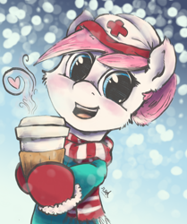 Size: 2388x2859 | Tagged: safe, artist:redcladhero, nurse redheart, earth pony, pony, g4, bust, cheek fluff, clothes, cup, cute, female, hat, heart, heartabetes, high res, hoof hold, hot drink, looking at you, mare, open mouth, scarf, signature, snow, snowfall, solo, winter, winter outfit