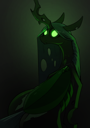 Size: 2480x3508 | Tagged: safe, artist:underpable, queen chrysalis, changeling, changeling queen, g4, black background, creepy, female, glowing eyes, high res, looking at you, looking back, looking back at you, no pupils, simple background, solo, unnerving stare