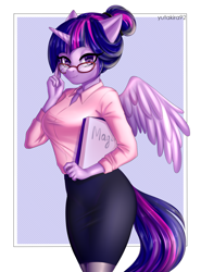Size: 2952x4000 | Tagged: safe, artist:yutakira92, twilight sparkle, alicorn, anthro, g4, abstract background, adorkable, alternate hairstyle, big breasts, book, breasts, clothes, cute, dork, female, glasses, hair bun, heart eyes, librarian, looking at you, mare, pantyhose, pencil skirt, sexy, shirt, skirt, solo, teacher, twiabetes, twilight sparkle (alicorn), wingding eyes, wings