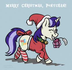 Size: 800x771 | Tagged: safe, artist:haretrinity, oc, oc only, oc:pennychan, pony, unicorn, bell, bell collar, christmas, clothes, collar, female, hat, holiday, mascot, mouth hold, ponychan, present, santa hat, socks, solo, striped socks