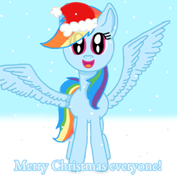 Size: 768x768 | Tagged: safe, artist:asiandra dash, rainbow dash, pegasus, pony, g4, christmas, female, happy, hat, holiday, merry christmas, santa hat, snow, snowfall, solo, spread wings, wings