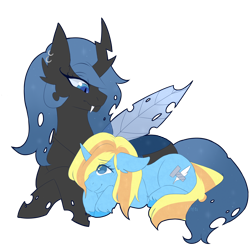 Size: 2024x2024 | Tagged: safe, artist:vitrei, oc, oc only, oc:queen lahmia, oc:skydreams, changeling, pony, unicorn, blue changeling, changeling oc, female, high res, mare, snuggling