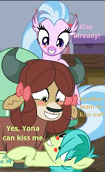 Size: 319x522 | Tagged: safe, edit, edited screencap, screencap, sandbar, silverstream, yona, hippogriff, pony, yak, g4, school raze, bedroom, blush sticker, blushing, bow, caption, chat, cloven hooves, cropped, female, hair bow, hair over one eye, happy, just kiss already, looking at each other, lying down, male, monkey swings, ship:yonabar, shipper on deck, shipping, straight, trio