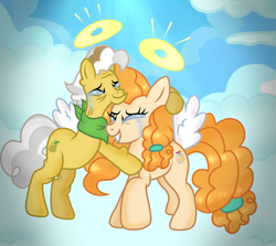 Size: 1964x1755 | Tagged: safe, artist:doraeartdreams-aspy, grand pear, pear butter, angel, earth pony, pony, g4, bittersweet, crying, duo, father and daughter, female, heaven, male, reunion