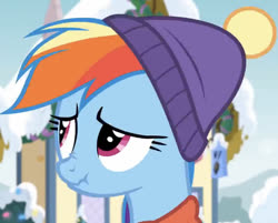 Size: 805x646 | Tagged: safe, screencap, rainbow dash, pony, g4, my little pony best gift ever, clothes, cropped, cute, dashabetes, female, scarf, scrunchy face, solo, winter outfit