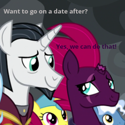 Size: 258x259 | Tagged: safe, edit, edited screencap, screencap, chancellor neighsay, lemon hearts, pokey pierce, tempest shadow, pony, g4, the ending of the end, asking, broken horn, caption, chat, close-up, cropped, dating, duo focus, horn, i ship it, just kiss already, looking at each other, meme, ponies standing next to each other, scar, tempest neighsay
