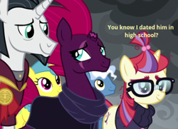 Size: 388x281 | Tagged: safe, edit, edited screencap, screencap, chancellor neighsay, lemon hearts, moondancer, pokey pierce, tempest shadow, pony, unicorn, g4, my little pony: the movie, the ending of the end, asking, broken horn, caption, close-up, dating, female, horn, i ship it, just kiss already, looking at each other, looking at someone, male, mare, meme, ponies standing next to each other, question, scar, stallion, tempest neighsay