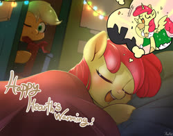 Size: 2800x2200 | Tagged: safe, artist:renokim, apple bloom, applejack, alicorn, earth pony, pony, g4, adorabloom, alicornified, bed, blanket, bloomicorn, christmas, clothes, cute, dream, dress, drool, duo, eyes closed, female, filly, hearth's warming eve, high res, holiday, hoof hold, hoof shoes, mare, one eye closed, open mouth, pillow, present, race swap, silhouette, sleeping, spread wings, sweet dreams fuel, thought bubble, wings
