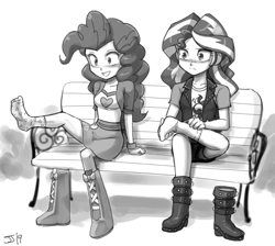 Size: 1200x1076 | Tagged: safe, artist:johnjoseco, pinkie pie, sunset shimmer, equestria girls, g4, clothes, duo, feet, female, grayscale, monochrome, shoes removed, sitting, skirt, smiling, socks, upskirt