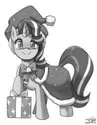 Size: 1100x1408 | Tagged: safe, artist:johnjoseco, starlight glimmer, pony, unicorn, christmas, clothes, costume, cute, female, glimmerbetes, grayscale, holiday, looking at you, mare, monochrome, present, santa claus, santa costume, simple background, solo, white background