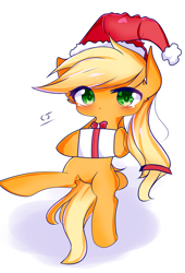 Size: 2494x3658 | Tagged: safe, artist:crackerjackvn, applejack, earth pony, pony, g4, bipedal, blushing, christmas, cute, ear fluff, female, hat, high res, holiday, jackabetes, mare, no nose, present, santa hat, simple background, solo, white background