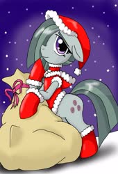 Size: 2575x3793 | Tagged: safe, artist:a.s.e, marble pie, earth pony, pony, g4, christmas, clothes, costume, cute, female, floppy ears, hair over one eye, hat, high res, holiday, looking at you, marblebetes, mare, santa costume, santa hat, santa sack, smiling, snow, solo
