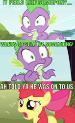Size: 593x972 | Tagged: safe, edit, edited screencap, editor:undeadponysoldier, screencap, apple bloom, spike, dragon, earth pony, pony, series:spikebob scalepants, g4, bow, comic, episode needed, female, filly, jellyfish hunter, male, offscreen character, reference, scared, screencap comic, spongebob squarepants