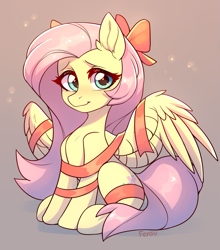 Size: 1761x2000 | Tagged: safe, artist:fensu-san, fluttershy, pegasus, pony, g4, bow, christmas, cute, ear fluff, female, gift wrapped, holiday, mare, present, ribbon, shyabetes, sitting, solo, spread wings, wings