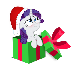 Size: 2621x2435 | Tagged: safe, artist:anime-equestria, rarity, pony, unicorn, g4, :3, adorable face, blushing, bow, box, christmas, cute, female, hat, high res, holiday, horn, mare, pony in a box, present, raribetes, simple background, smiling, solo, transparent background, vector, weapons-grade cute