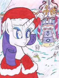 Size: 2512x3282 | Tagged: safe, artist:oatmeal155, rarity, pony, unicorn, g4, carousel boutique, christmas, clothes, hat, hearth's warming, hearts warming day, high res, holiday, santa hat, scarf, snow, snowpony, solo