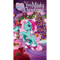 Size: 500x500 | Tagged: safe, minty, a very minty christmas, g3, official, bow, christmas, christmas stocking, christmas tree, cookie, cute, food, hat, holiday, mintabetes, rug, santa hat, sock, tail bow, that pony sure does love socks, tree, vhs