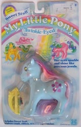 Size: 409x640 | Tagged: safe, photographer:serena151, galaxy (g1), masquerade (g1), sweet stuff, twinkle eyed pony, g1, official, blushing, comb, irl, packaging, photo, text, toy