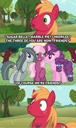 Size: 928x1566 | Tagged: safe, artist:doodleponyxx, edit, edited screencap, screencap, big macintosh, cheerilee, marble pie, sugar belle, earth pony, pony, unicorn, g4, a happy ending for marble pie, apple, apple tree, awkward, caption, comic, concerned, confused, cropped, female, food, friendship, friendshipping, male, not lesbian, screencap comic, ship:sugarmac, shipping, shocked, shocked expression, silence, smiling, stallion, straight, stunned, surprised, surprised face, sweet apple acres, tree, worried, youtube link, youtube link in the description