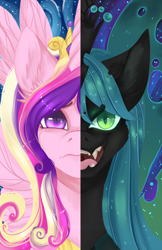 Size: 1200x1854 | Tagged: safe, artist:tomocreations, artist:tomoyuki, princess cadance, queen chrysalis, alicorn, changeling, changeling queen, pony, g4, duo, female, mare
