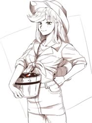 Size: 480x640 | Tagged: safe, artist:yakieringi014, applejack, human, g4, abstract background, apple, bucket, cowboy hat, cute, female, food, front knot midriff, hand on hip, hat, humanized, jackabetes, midriff, monochrome, partial color, solo