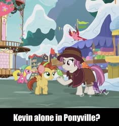 Size: 887x945 | Tagged: safe, edit, edited screencap, screencap, cherry berry, heartfelt song, hyper sonic, lemon crumble, bird, pegasus, pony, g4, my little pony best gift ever, cameo, clothes, cropped, discovery family logo, friendship student, home alone, home alone 2: lost in new york, kevin mccallister, meme, pigeon lady