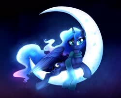 Size: 2196x1775 | Tagged: safe, alternate version, artist:confetticakez, princess luna, alicorn, pony, g4, chest fluff, clothes, crescent moon, cute, ethereal mane, female, leg fluff, lunabetes, mare, moon, prone, scarf, solo, tangible heavenly object