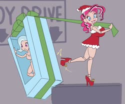 Size: 1280x1068 | Tagged: safe, artist:moronsonofboron, pinkie pie, trixie, human, g4, ball joint boutique, ball jointed doll, christmas, clothes, costume, doll, dollified, dress, duo, gothic pinkie, high heels, holiday, humanized, inanimate tf, kicking, peril, present, santa costume, shoes, transformation