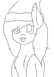 Size: 4961x7016 | Tagged: safe, artist:skylarpalette, oc, oc:skylar night, bat pony, pony, :p, bat pony oc, bust, christmas, fluffy, hat, holiday, hooves, hooves to the chest, lineart, long mane, looking up, monochrome, santa hat, simple background, sketch, solo, tongue out, white background