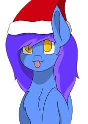 Size: 4961x7016 | Tagged: safe, artist:skylarpalette, oc, oc only, oc:skylar night, bat pony, pony, :p, bat pony oc, bust, christmas, colored, fluffy, hat, holiday, hooves to the chest, long mane, looking up, santa hat, shading, simple background, simple shading, solo, tongue out
