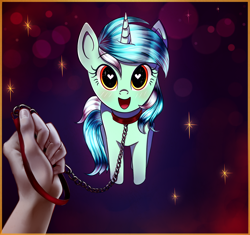 Size: 1830x1721 | Tagged: safe, alternate version, artist:mite-lime, lyra heartstrings, oc, oc:anon, pony, unicorn, g4, collar, dominant pov, female, heart eyes, leash, mare, offscreen character, pet play, pony pet, wingding eyes