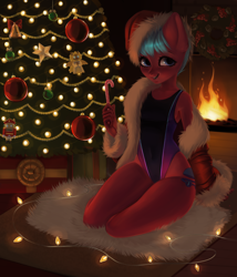 Size: 3000x3500 | Tagged: safe, artist:licoricefairy, oc, oc only, oc:windsweeper, anthro, anthro oc, black swimsuit, candy, candy cane, christmas, christmas gift, christmas tree, clothes, coat, female, fireplace, food, hat, hearth's warming, high res, high-cut clothing, holiday, kneeling, mare, one-piece swimsuit, present, santa hat, short mane, sitting, smiling, smiling at you, solo, sugar cane, swimsuit, tree