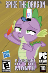 Size: 592x890 | Tagged: safe, edit, edited screencap, editor:undeadponysoldier, screencap, spike, dragon, series:spikebob scalepants, g4, the break up breakdown, box art, caption, cd-rom, cropped, employee of the month, game rating, hasbro, hasbro logo, hat, image macro, lidded eyes, male, parody, pc game, pc logo, quill, rated e, solo, spongebob squarepants, spongebob's hat, text, thq, thq logo, video game