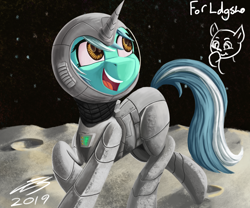 Size: 2400x2000 | Tagged: safe, artist:sigilponies, lyra heartstrings, pony, unicorn, g4, astronaut, female, high res, moon, smiling, solo, space, spacesuit