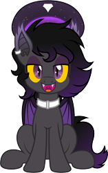 Size: 3000x4765 | Tagged: safe, artist:pirill, oc, oc only, oc:blackmour, bat pony, pony, 2020 community collab, derpibooru community collaboration, clothes, collar, dyed mane, dyed tail, ear piercing, eyeshadow, fangs, hat, makeup, male, open mouth, piercing, simple background, sitting, solo, stallion, transparent background, trap, vector