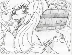 Size: 1021x782 | Tagged: safe, artist:petanoprime, applejack, earth pony, pony, g4, apple, bucket, female, food, freckles, hoof hold, mare, monochrome, open mouth, signature, smiling, solo, traditional art