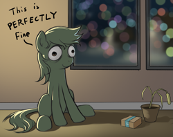 Size: 1495x1186 | Tagged: safe, artist:amarthgul, oc, oc only, oc:anon, earth pony, pony, christmas, christmas tree, female, holiday, potted plant, solo, this is fine, tree