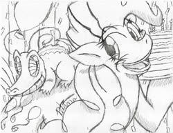 Size: 1018x784 | Tagged: safe, artist:petanoprime, gummy, pinkie pie, alligator, earth pony, pony, g4, balloon, cake, duo, female, food, hoof hold, lineart, mare, monochrome, open mouth, signature, smiling, traditional art