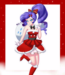 Size: 3500x4000 | Tagged: safe, artist:melliedraws, rarity, human, g4, bare shoulders, boots, christmas, clothes, female, holiday, humanized, ponytail, santa sack, shoes, skirt, sleeveless, solo