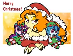 Size: 1412x1086 | Tagged: safe, artist:queentigrel, adagio dazzle, aria blaze, sonata dusk, equestria girls, g4, bare shoulders, breasts, bust, button eyes, candy, candy cane, christmas, cleavage, eating, female, food, hat, holiday, mouth hold, plushie, puffy cheeks, santa hat, solo, the dazzlings