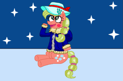Size: 769x508 | Tagged: safe, artist:drypony198, blushing, clothes, cowboys and equestrians, cute, hat, jacket, mad (tv series), mad magazine, maplejack, night, snow, winter