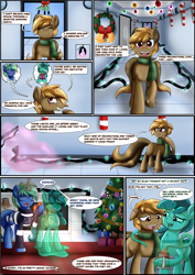 Size: 2894x4093 | Tagged: safe, artist:novaspark, oc, oc only, oc:mocha glaze, oc:morpha, oc:nova spark, earth pony, goo, goo pony, monster pony, original species, pony, tatzlpony, comic:working for a mad mare, ^^, black vine, blushing, candy, candy cane, christmas, christmas lights, christmas presents, christmas sweater, christmas tree, cider, clothes, comic, dialogue, double tail, ear fluff, earth pony oc, eyes closed, fangs, female, fireplace, floppy ears, food, front view, glowing, glowing horn, grin, high res, holiday, hoof hold, hooves, horn, indoors, looking at someone, looking back, magic, male, mug, multiple tails, narrowed eyes, open mouth, open smile, present, raised hoof, scarf, shading, shadow, signature, smiling, speech bubble, stallion, standing, sweater, tail, telekinesis, thought bubble, tree, underhoof, unshorn fetlocks, wall of tags
