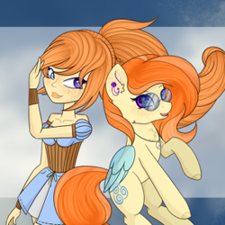 Size: 300x300 | Tagged: source needed, useless source url, safe, artist:doraair, oc, oc only, human, pegasus, pony, equestria girls, g4, abstract background, clothes, glasses, humanized, jewelry, necklace, pegasus oc, sitting, wings, winx club, winxified