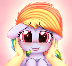 Size: 2500x2300 | Tagged: safe, artist:heavymetalbronyyeah, rainbow dash, human, pony, g4, :p, blushing, bust, cheek fluff, chest fluff, crying, cute, daaaaaaaaaaaw, dashabetes, ear fluff, eyebrows, eyebrows visible through hair, female, floppy ears, heart eyes, high res, hooves to the chest, leg fluff, lidded eyes, looking at you, mare, offscreen character, offscreen human, pink background, portrait, simple background, tears of joy, tongue out, wingding eyes