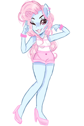 Size: 1999x3001 | Tagged: safe, artist:peachesandcreamated, oc, oc only, oc:lana, equestria girls, g4, bracelet, clothes, female, high heels, jewelry, lipstick, one eye closed, shoes, shorts, simple background, solo, white background, wink