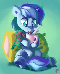 Size: 1280x1576 | Tagged: safe, artist:saxopi, oc, oc only, pony, unicorn, clothes, cup, pillow, scarf, solo, tongue out